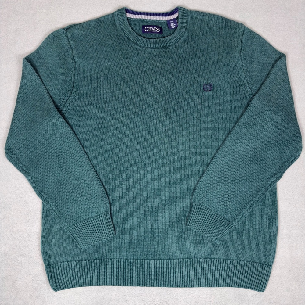Chaps Mens Crewneck Sweater L Teal Green Cotton Knit Pullover Crest Logo
